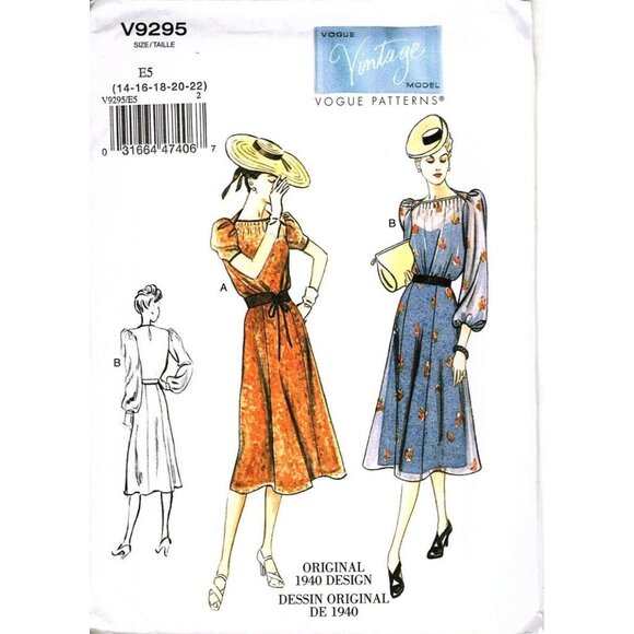 Vogue V9294 Misses 14 to 22 Circa 1940 Semi Fitted Dress UNCUT Sewing Pattern - Picture 1 of 2